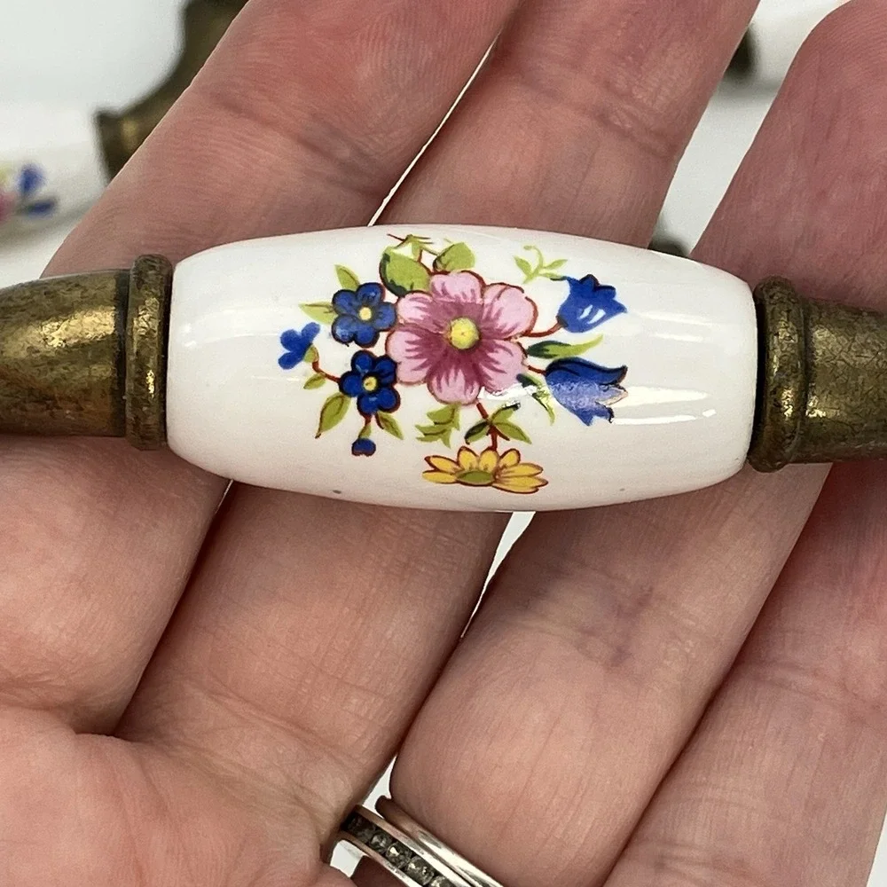 Vtg. 6 Floral Ceramic Drawer Pulls Brass Hardware 3 Inch Center Cottagecore Farm